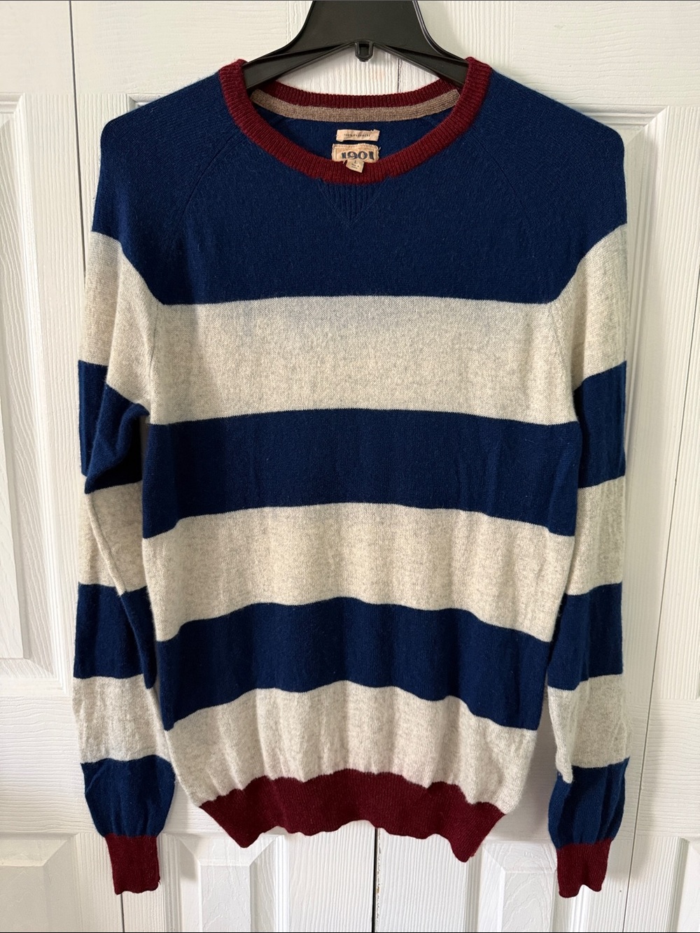 1901 Navy, Cream & Burgundy Striped Crewneck Cashmere Sweater Sz L